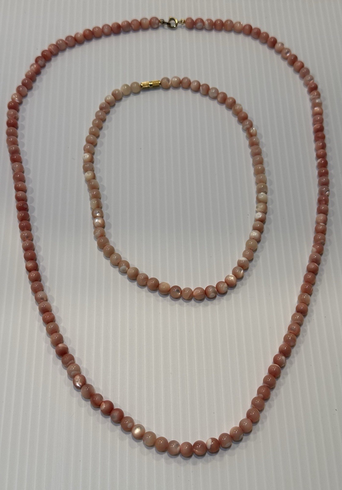 Vintage Pink Agate Bead Necklace Set 2pc Natural Stone 30in & 16.5in