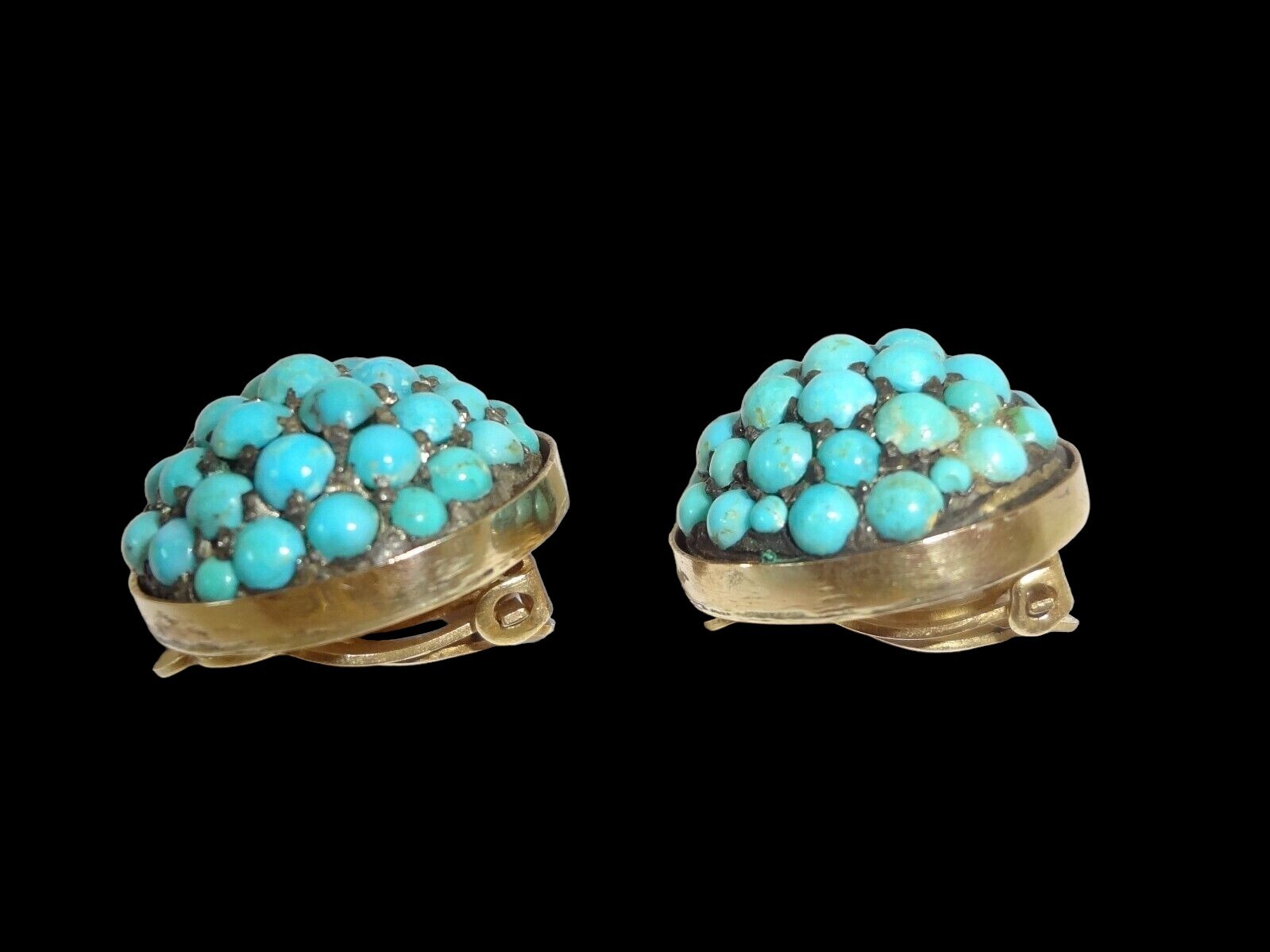 Antique 14K Gold Persian Turquoise Cluster Round Clip Earrings 18.2 Grams!
