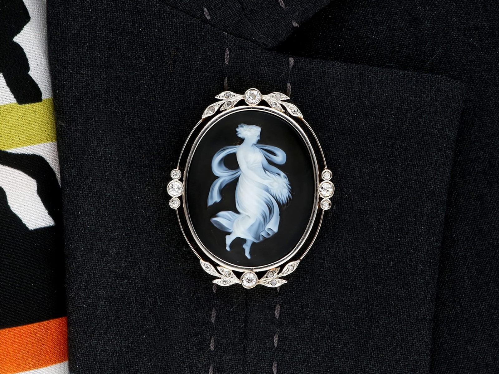 Hardstone and 0.78Ct Diamond, 18k Yellow Gold Black Cameo Brooch Circa 1880