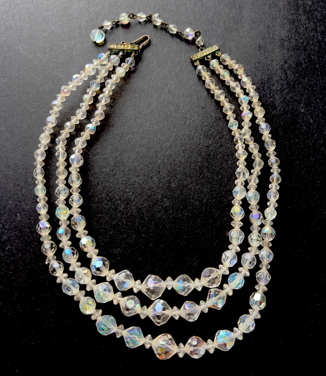Vintage 3 Strand AB Aurora Borealis Crystal Glass Faceted Bead Necklace Crafts