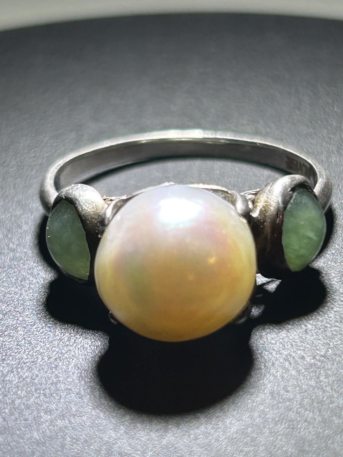 Antique Sterling Silver Pearl Ring with Natural green side stones