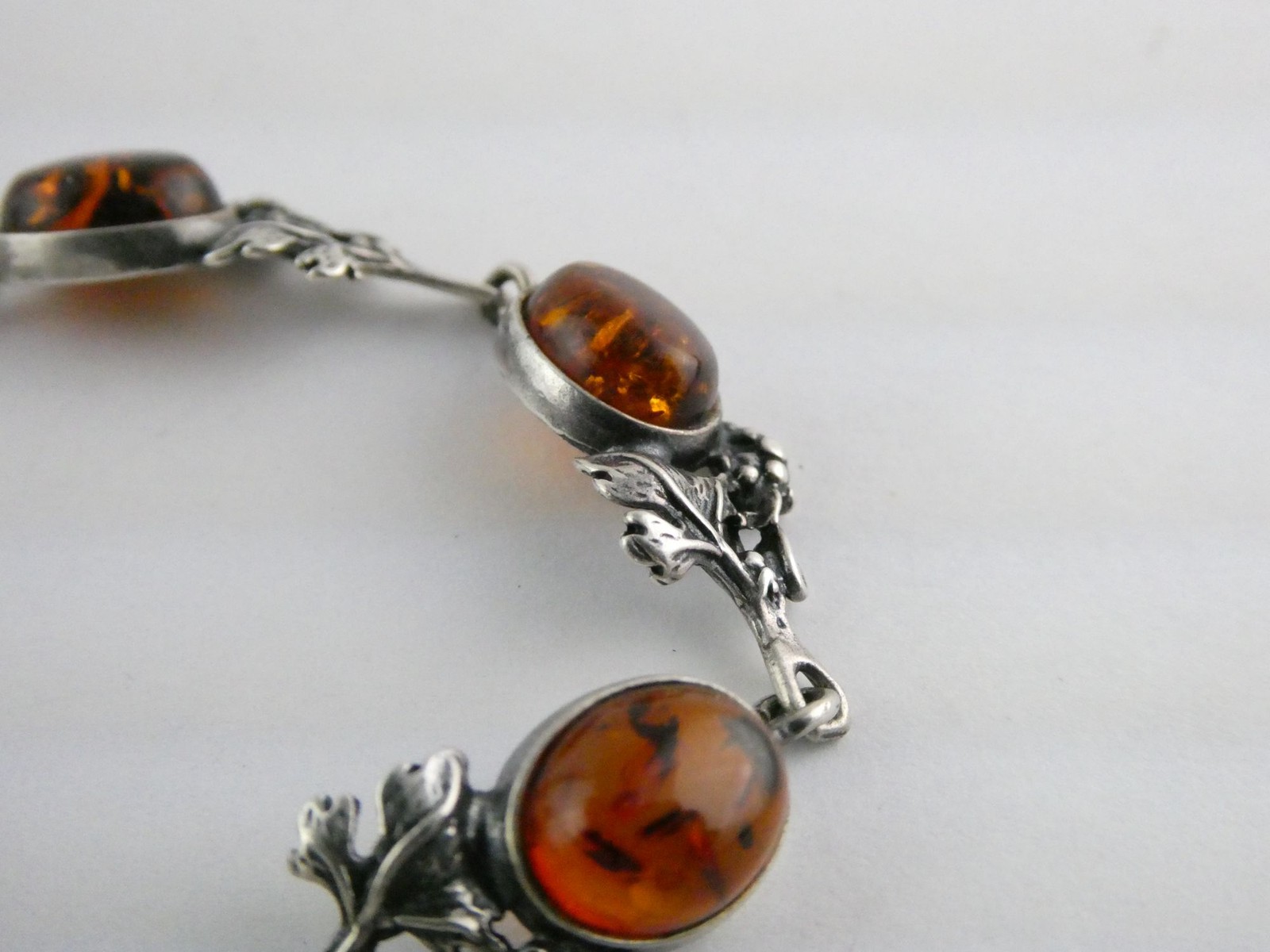 Vintage Sterling Silver Amber Cabochon Grape Vine Link Bracelet 925 7.25In 10.6g