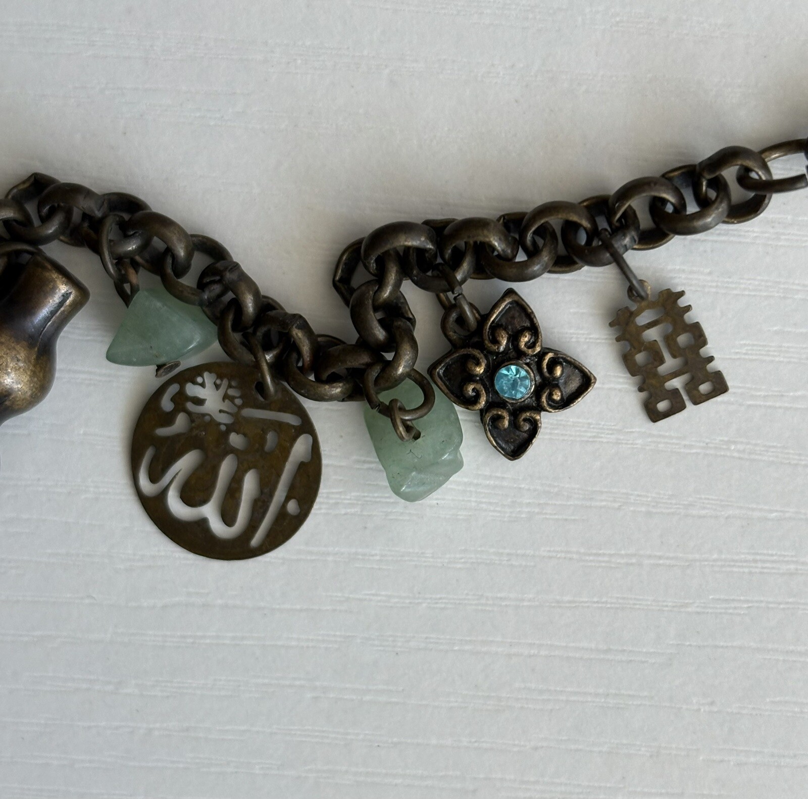 Vintage Chinese Cloisonné Charm Bracelet 7.25in Ladies Good Luck Jade 16.80g
