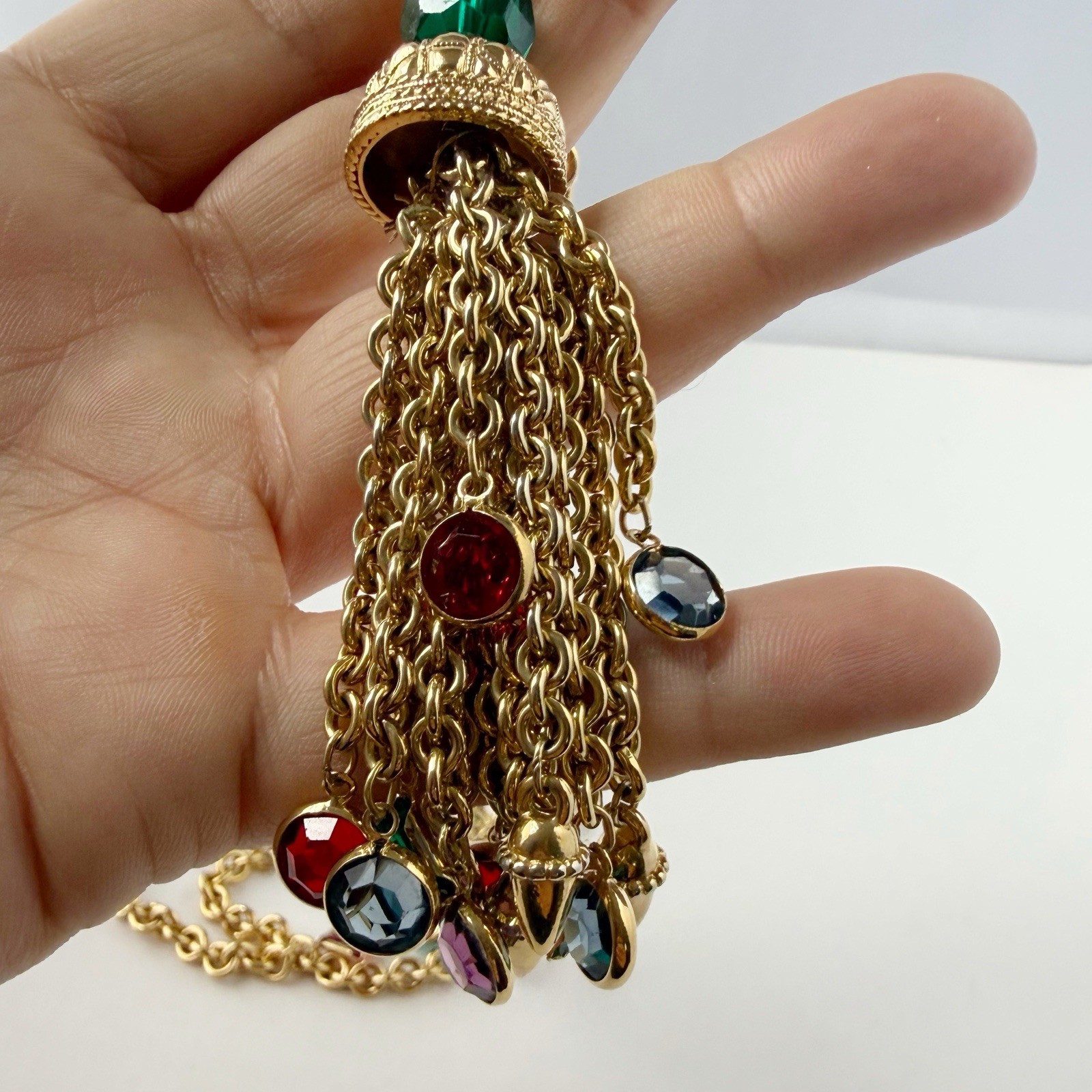 Vintage Swarovski Multicolor Bezel Set Crystal Tassel Chain Necklace FLAWS