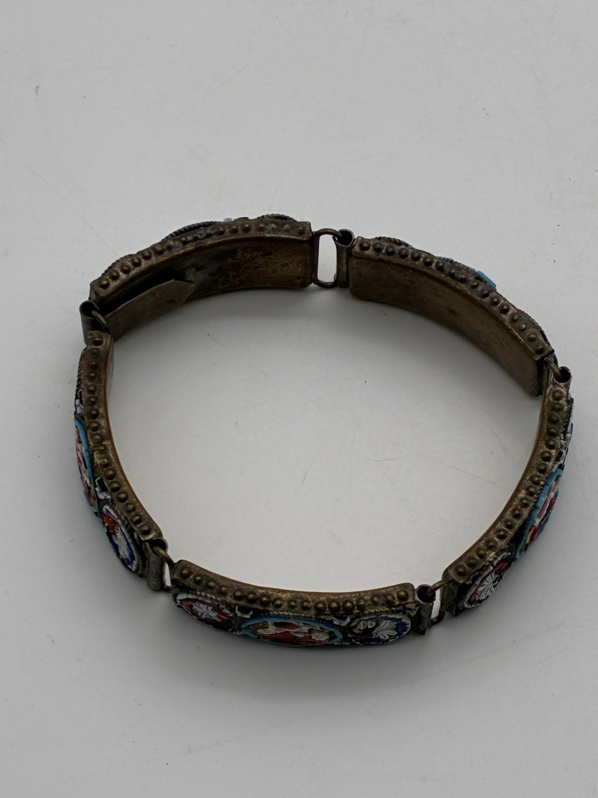 Vintage Micro Mosaic Wildflower Italian Brass Panel Bracelet 8” & Pin Read Desc.