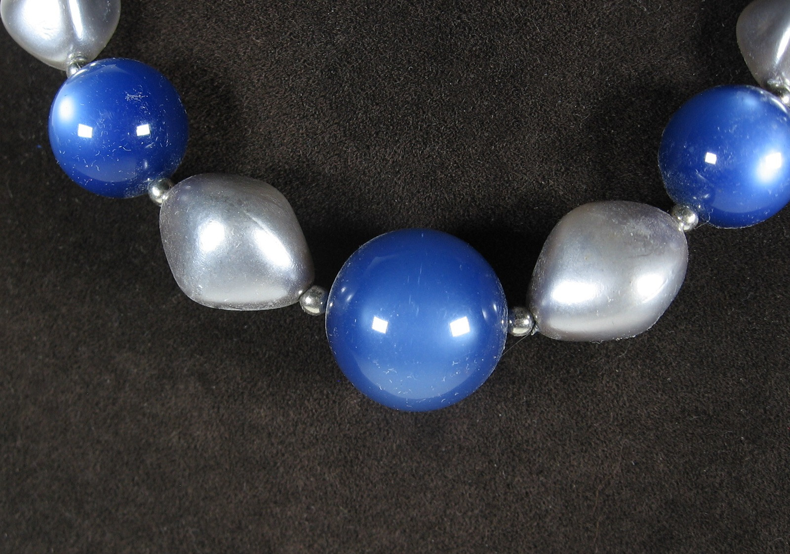 Vintage BLUE & SILVERtone Beads Thermoset BEADED NECKLACE + EARRINGS Clip On