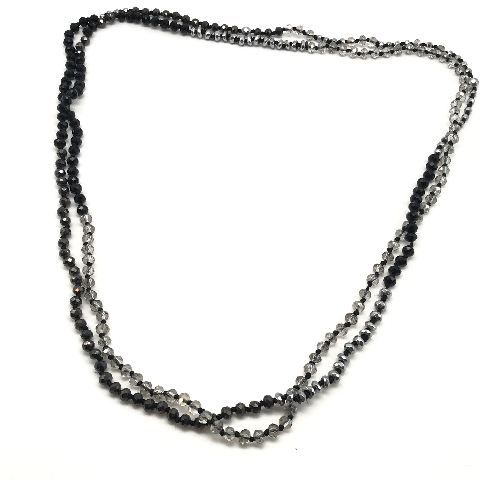 Vintage Clear Crystal Black Faceted Glass Beaded Long Hand Knot Strand Necklace