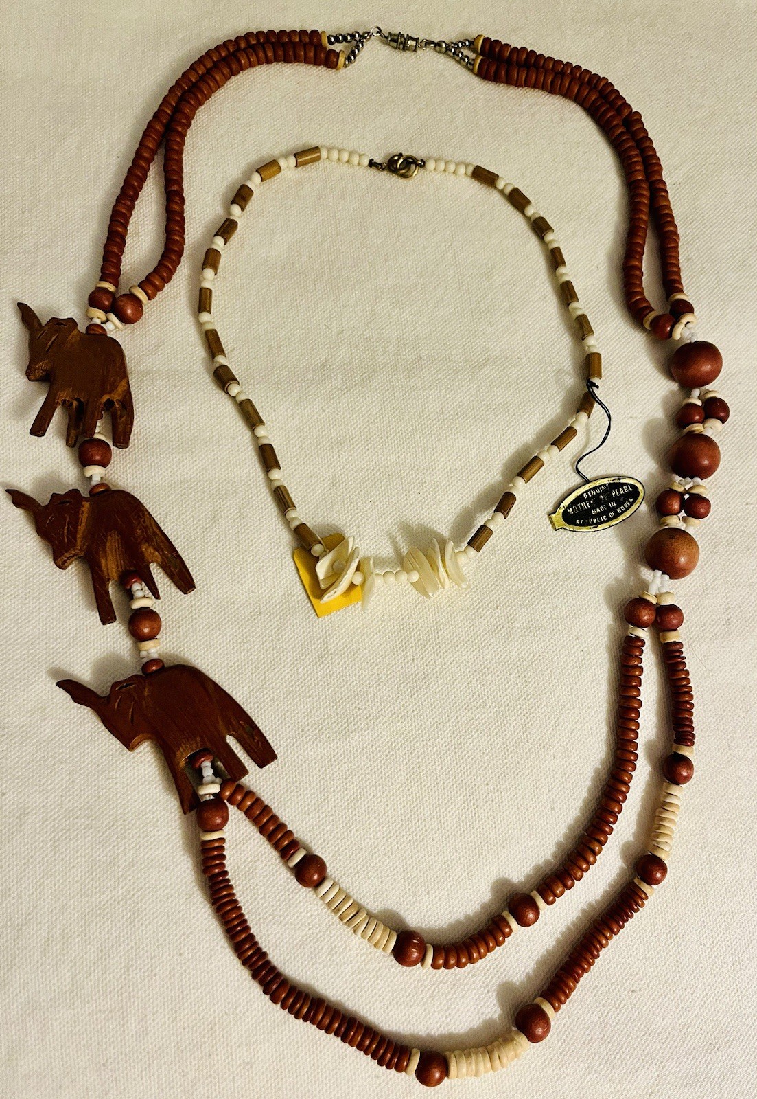 Lot 2 Vintage Estate Necklaces African Safari Elephants Tribal MOP Necklace