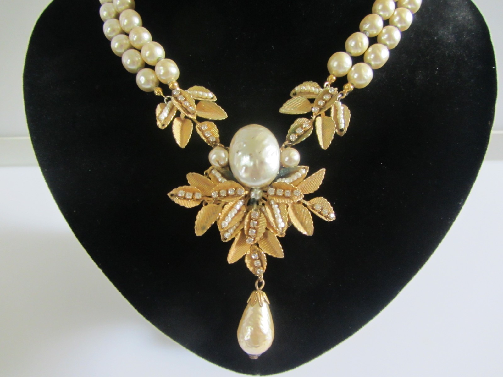Vintage Signed Miriam Haskell Double Strand Pearl Necklace with Ornate Leaf Pend