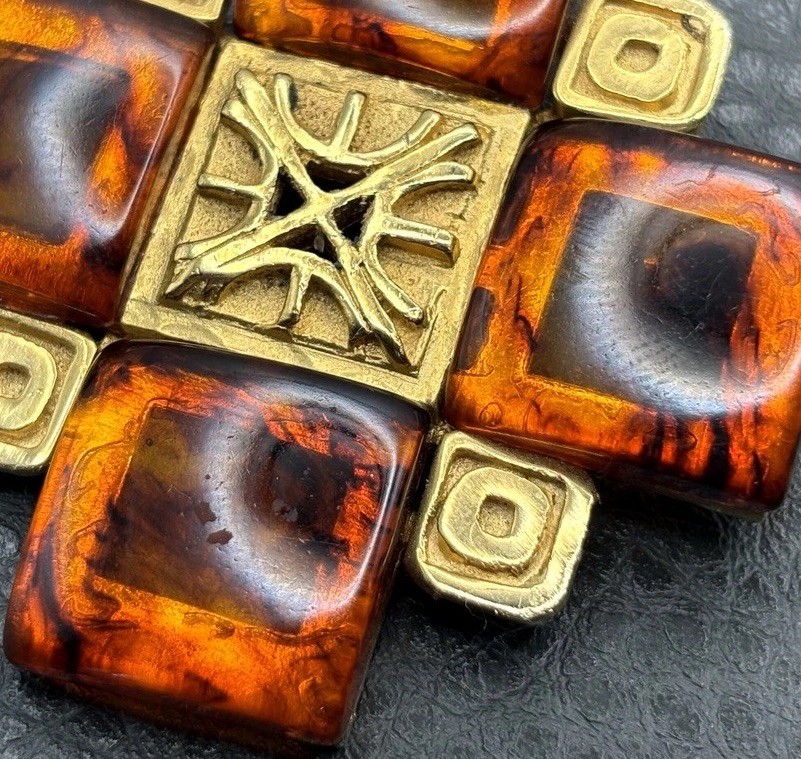 Vintage HUGE 80s Gold Tone Faux Amber Maltese Cross Brooch Pin Statement Piece