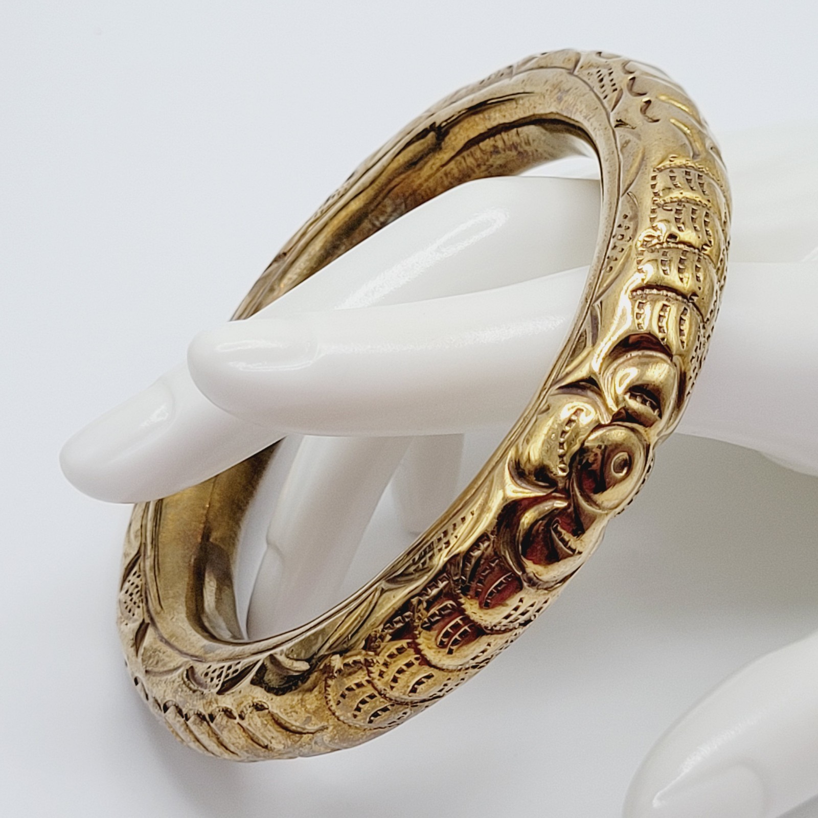 Chinese Wedding Chime Bangle Brass Repousse Chased Hollow Vintage Bracelet