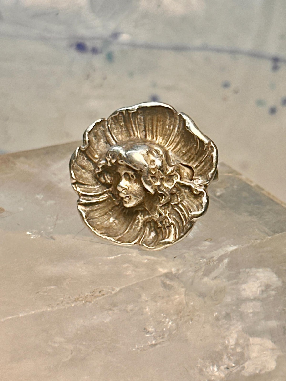 Vintage Face ring in poppy flower Art Nouveau size 6.75 sterling silver women gi