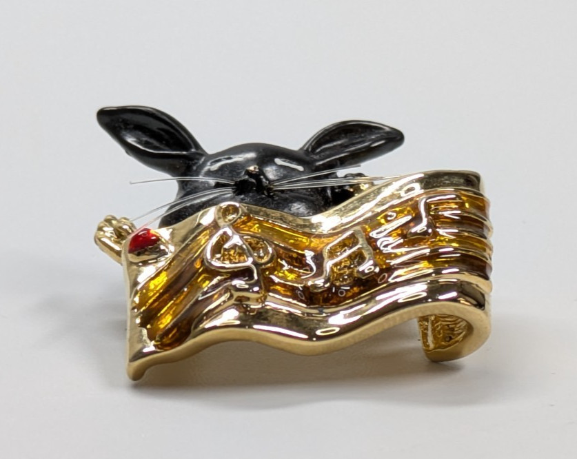 VTG Cute Black Rabbit Gold Tone Sheet Music Notes Microphone Enamel Brooch Pin