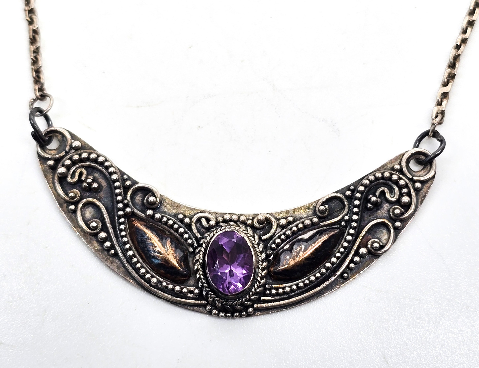 Amethyst Bali Balinese purple sterling silver gold vintage statement necklace