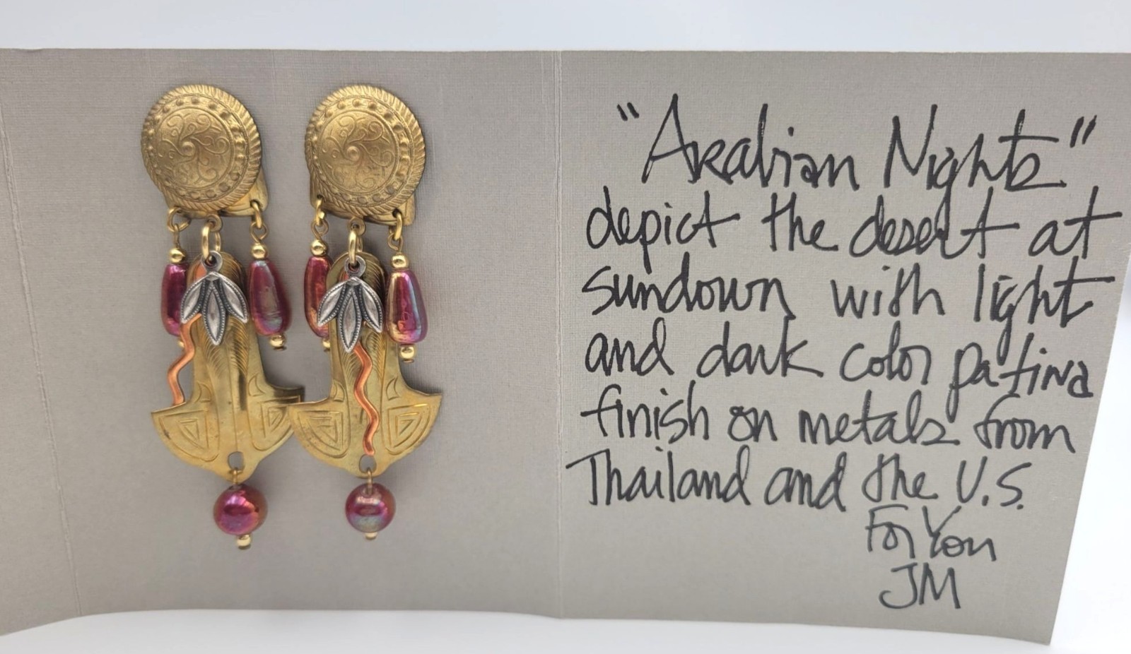 John Michael Richardson “Arabian Nights” Dangle Drop Earrings Brass Copper Glass