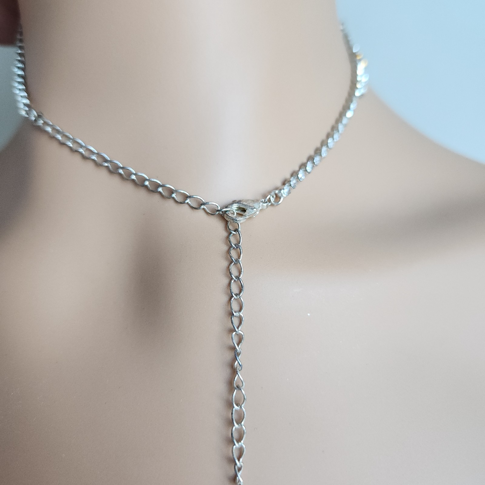 Old Hollywood Rhinestone Necklace Amber Accent Draped Bib 15–17” Silver