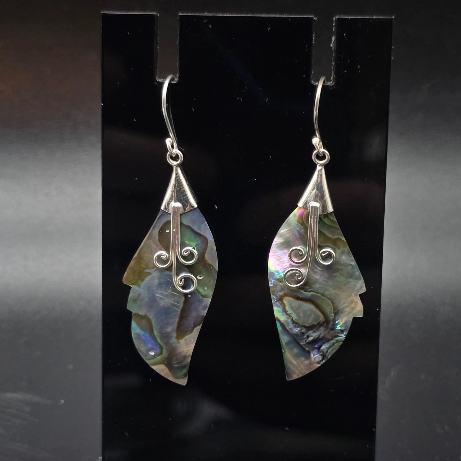 Sterling Silver Paua Abalone Shell Feather Earrings 925 Pierced