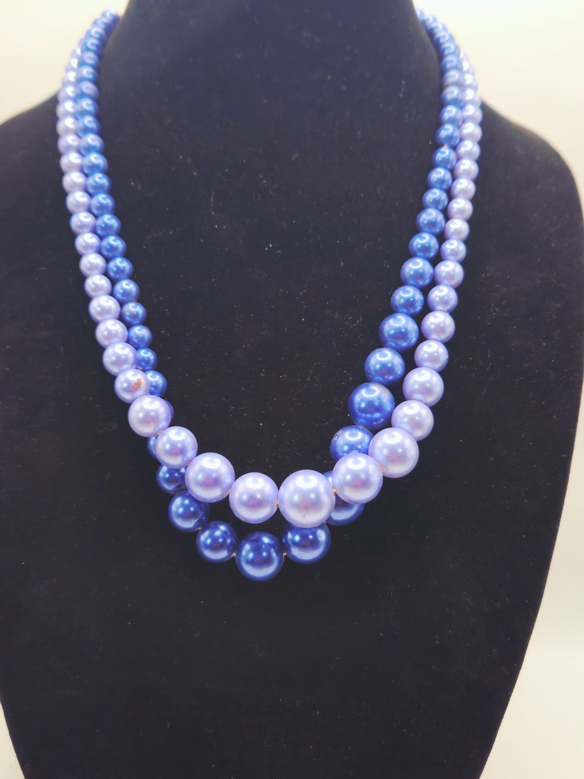 Vintage Double Strand Blue Faux Pearl Necklace Graduated Beads Hook Clasp