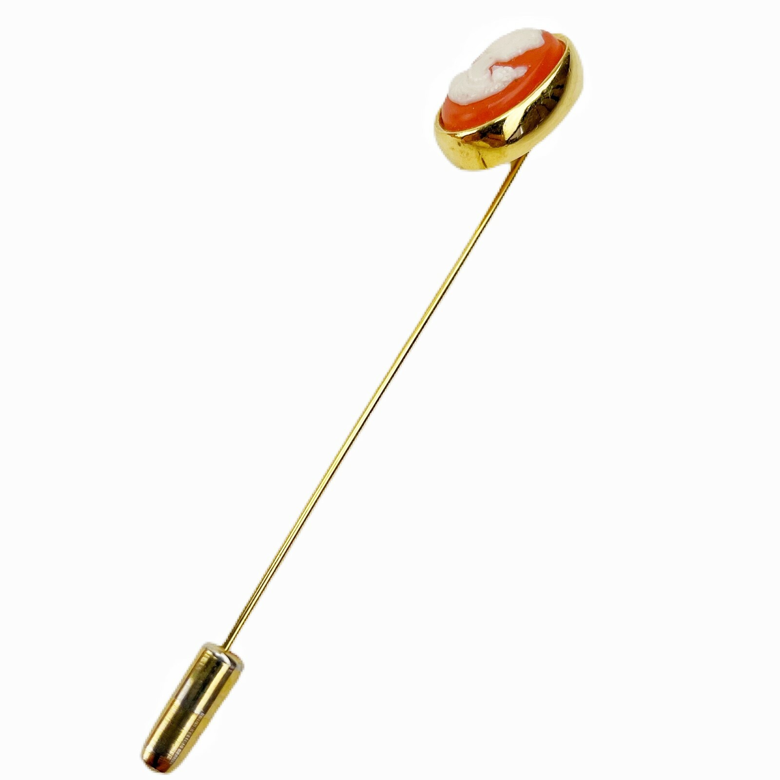 Crown Trifari Cameo Pin Hat Lapel Stick Vintage Gold Tone Orange Cream Victorian