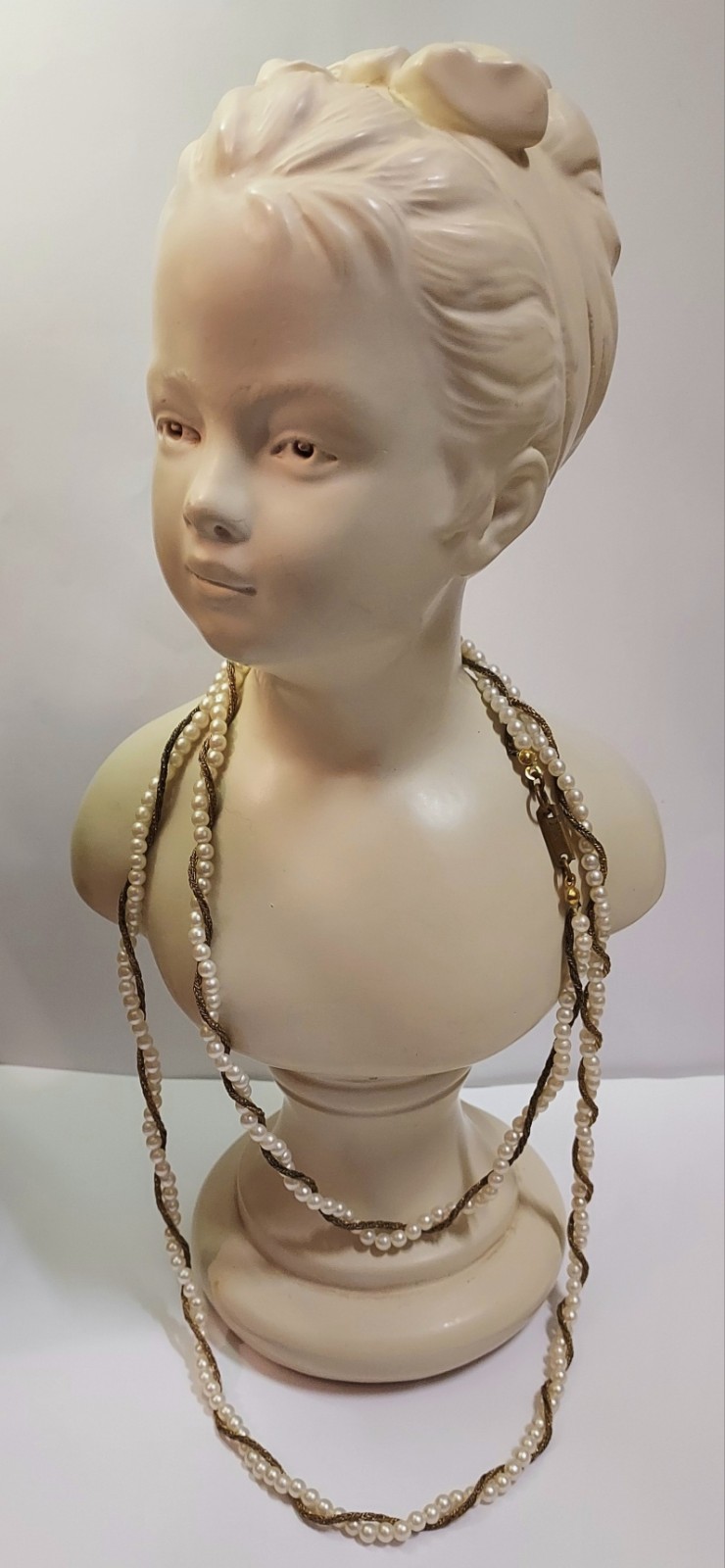 Miriam Haskell Vintage Necklace Faux Pearl Wheat Chain Bronze Tone Signed 34″