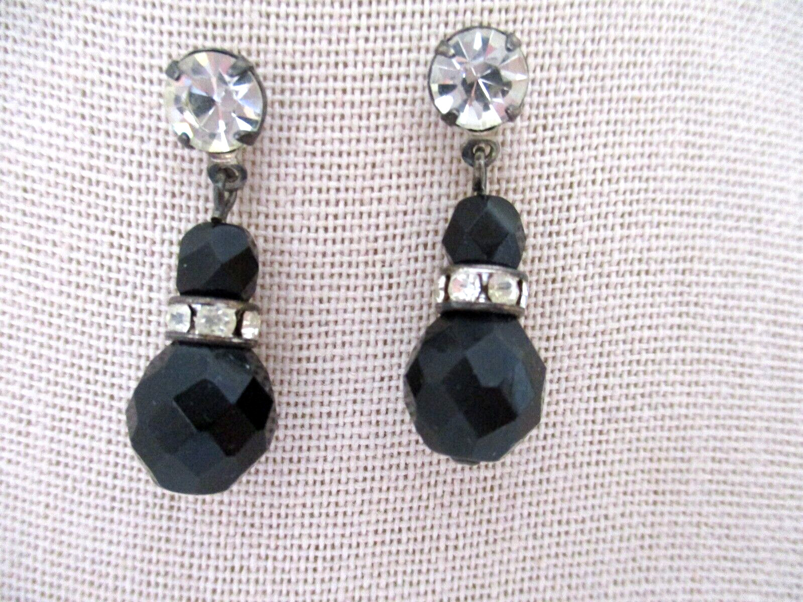 Vintage Dangle Drop Post Earrings Faceted Black Glass Beads & Rhinestones