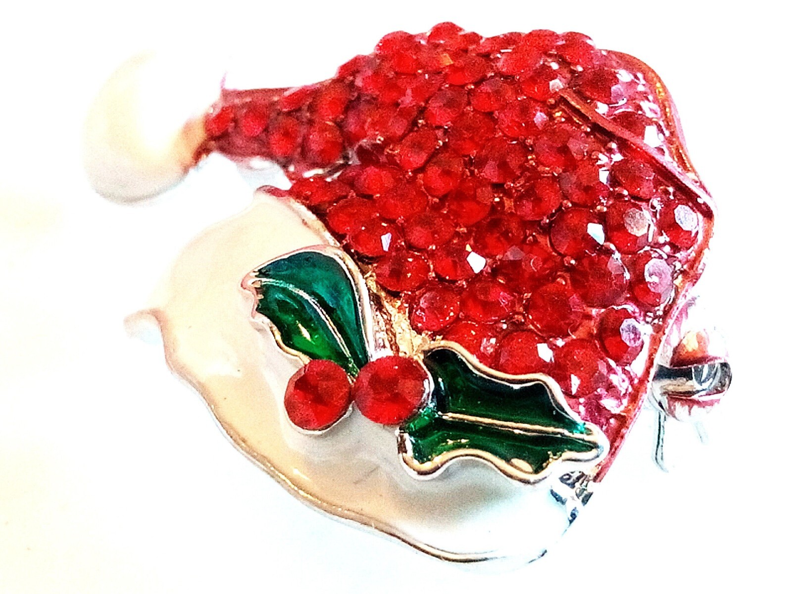 SANTA HAT BROOCH! Lovely Red Crystals! Bright Green & White Enamel! Holiday Pin!