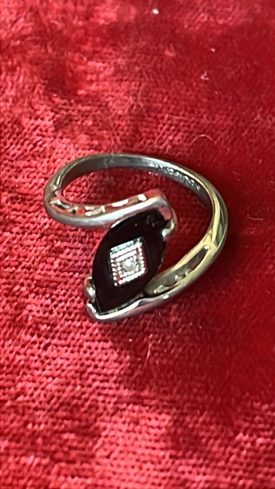 Vintage Marquise Shaped Black Onyx Stone W Diamond Center Sterling band Size 7