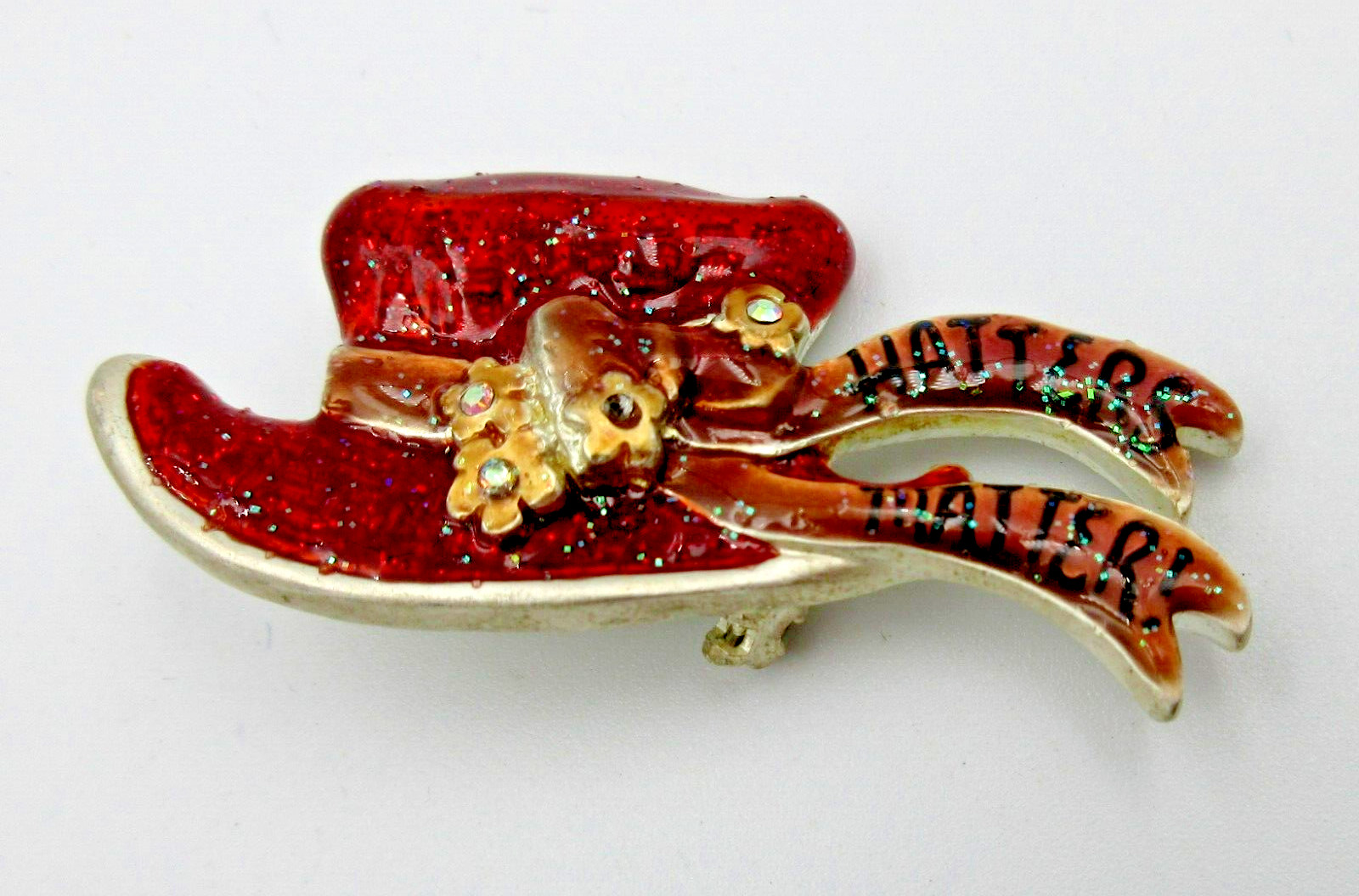 Vtg AJMC Hat HATTERS MATTER Red Enamel gold tone Floral Brooch Pin 1 STONE MISS