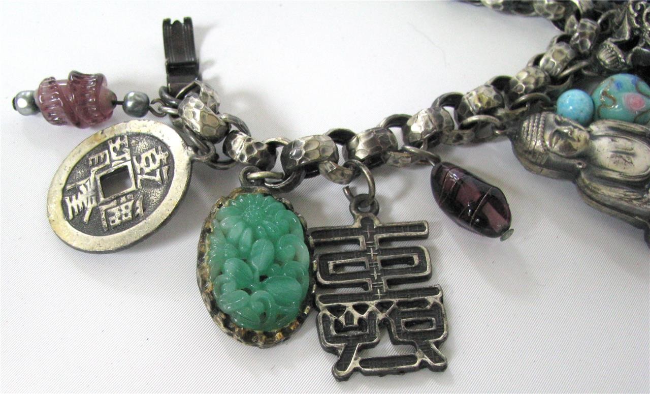 Vintage Napier Shangri La CHUNKY Asian 13 Charm Bracelet Silver 1950’s 7.25″