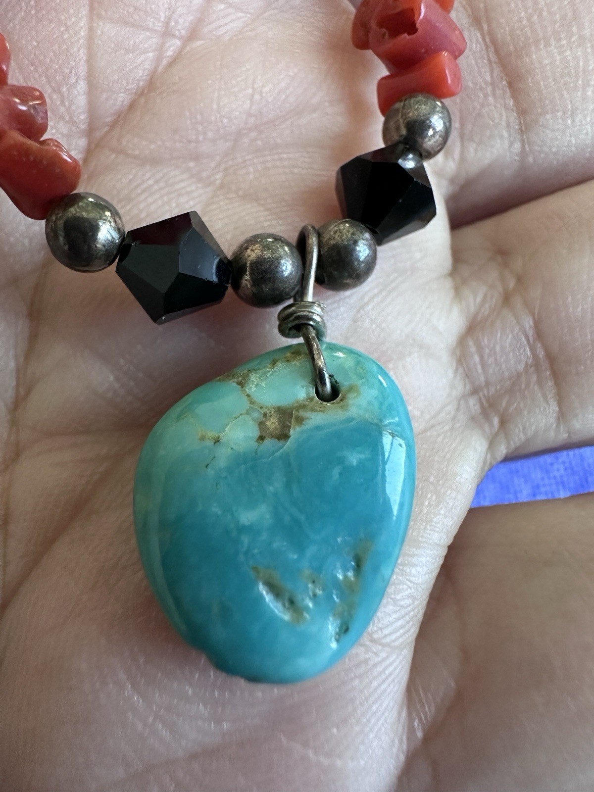 Natural Turquoise Red Coral 925 Sterling Silver Necklace Southwestern Boho