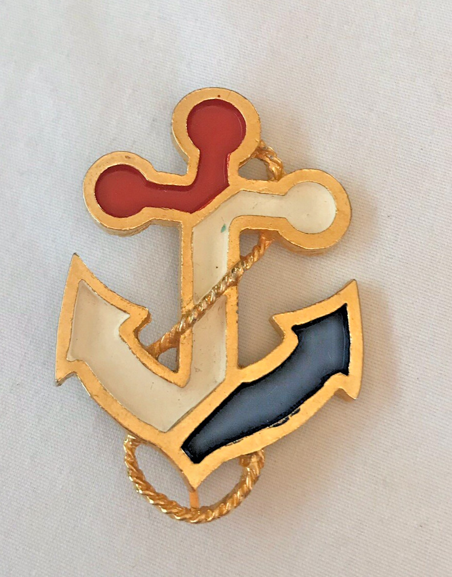 Gold Red White Blue Enamel Nautical Anchor Rope 2″ Pin Brooch SUMMER July 4