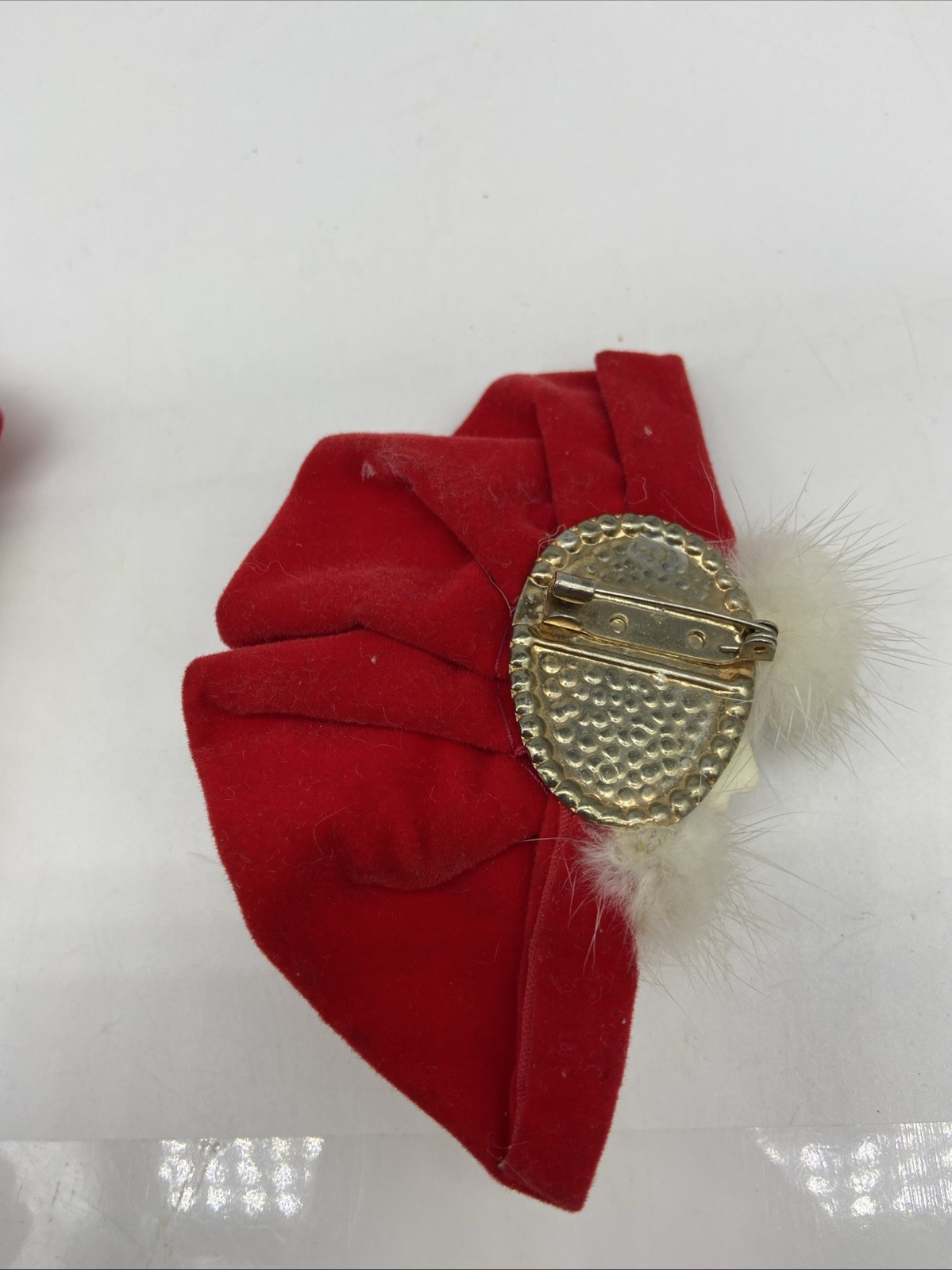 Vintage Christmas Brooch Lot 2pc Faux Fur Velvet Lady Face Gift Box Holiday Pins