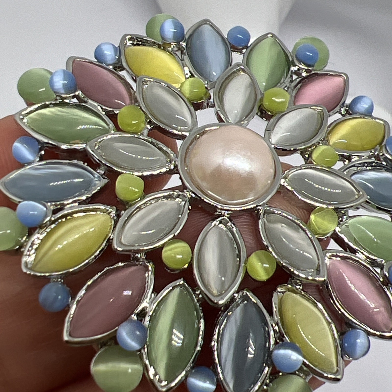 Pastel Multi-color Moonglow Lucite Faux Pearl Light Blue Rhinestone