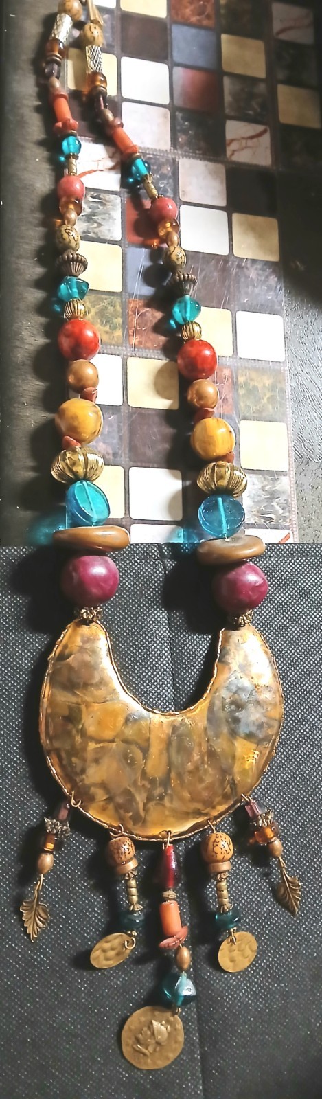 Signed SURLES Vintage Modernist Brass Bib Necklace Colorful Art Glass Beaded