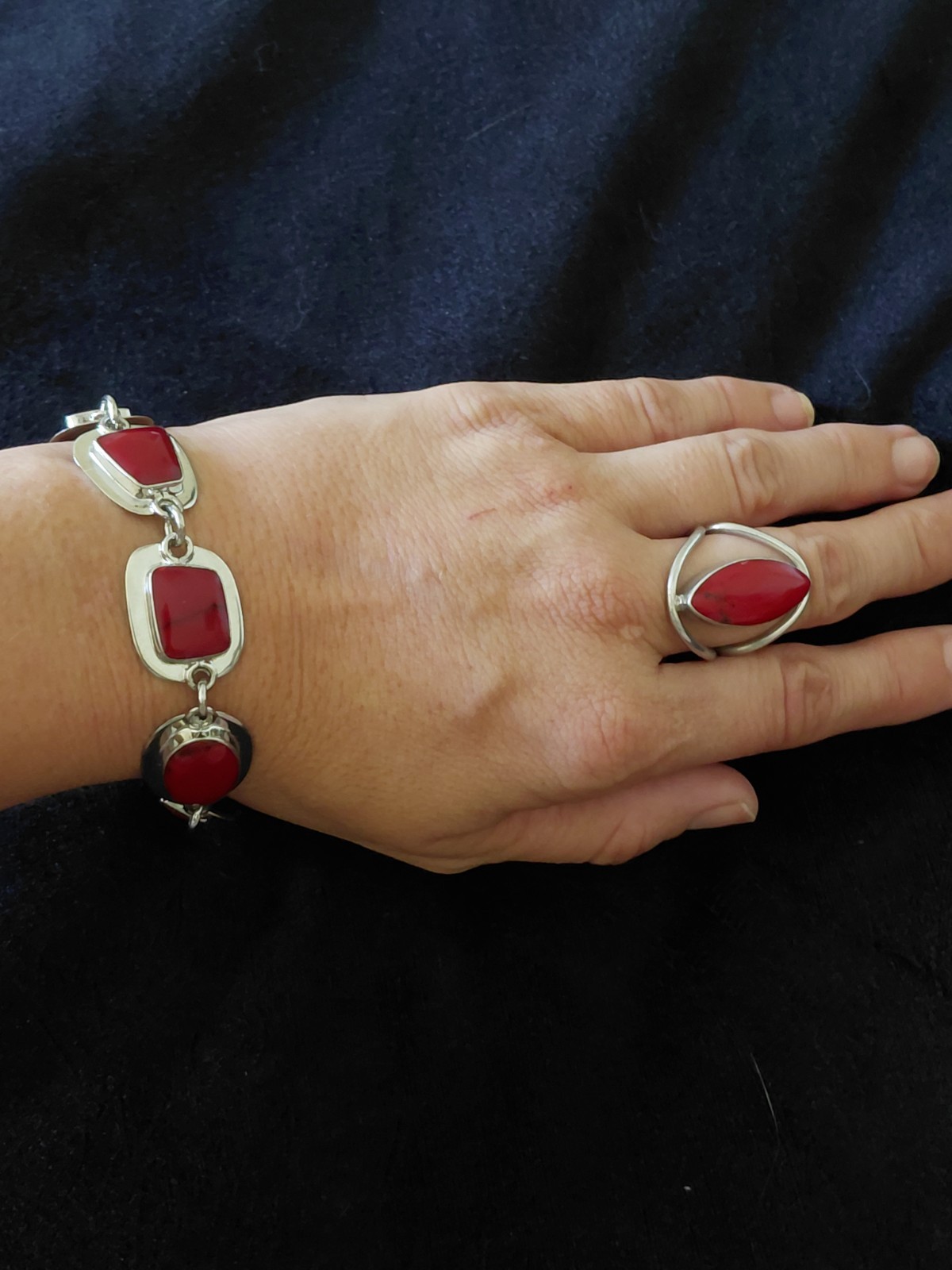 Taxco Vintage Signed ATI Mexico Sterling Silver Red Jasper Bracelet And Ring Set