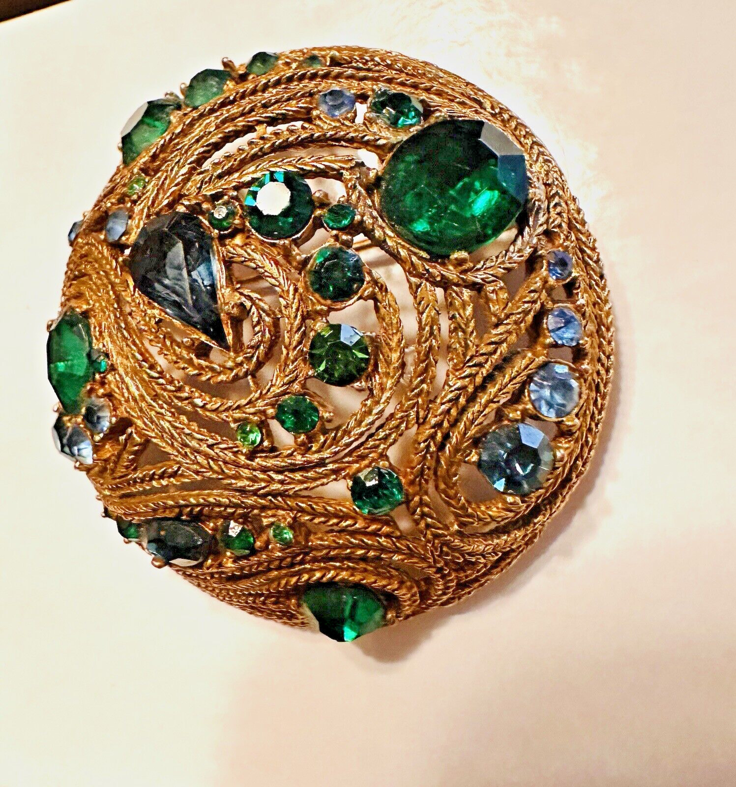 Vintage Statement MCM LA ROCO Circular Green Blue Rhinestone Brooch
