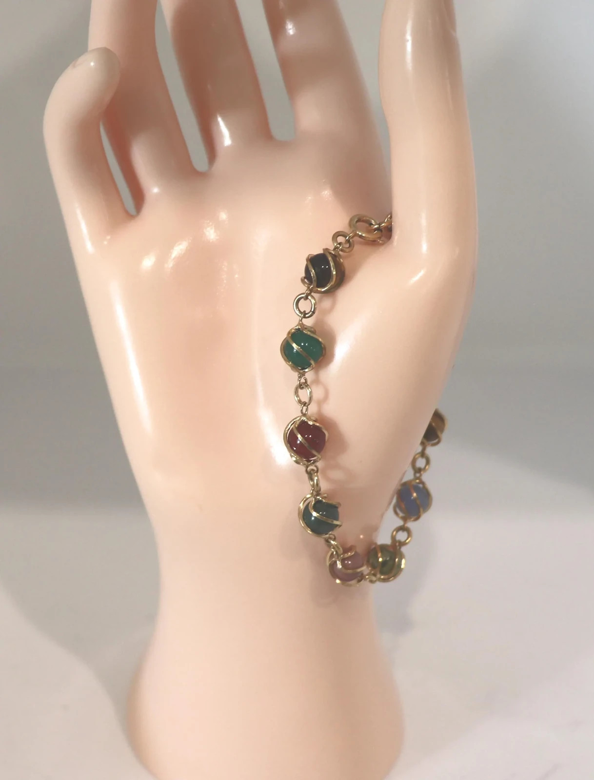 Vintage 12k Gold Filled Real Stone Bracelet Tigers Eye Carnelian Agate Jade