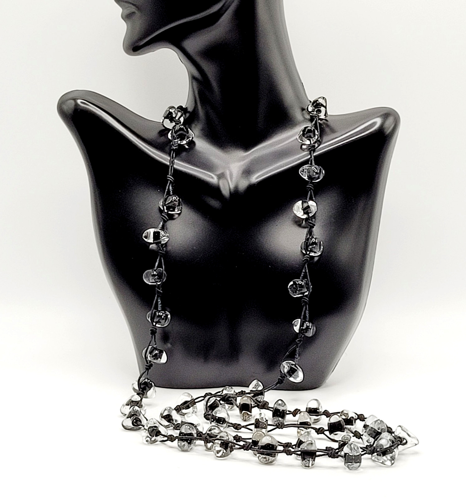 Art Glass Clear Ice Pebble Bead Hand Knot Black Thread Single Strand Necklace