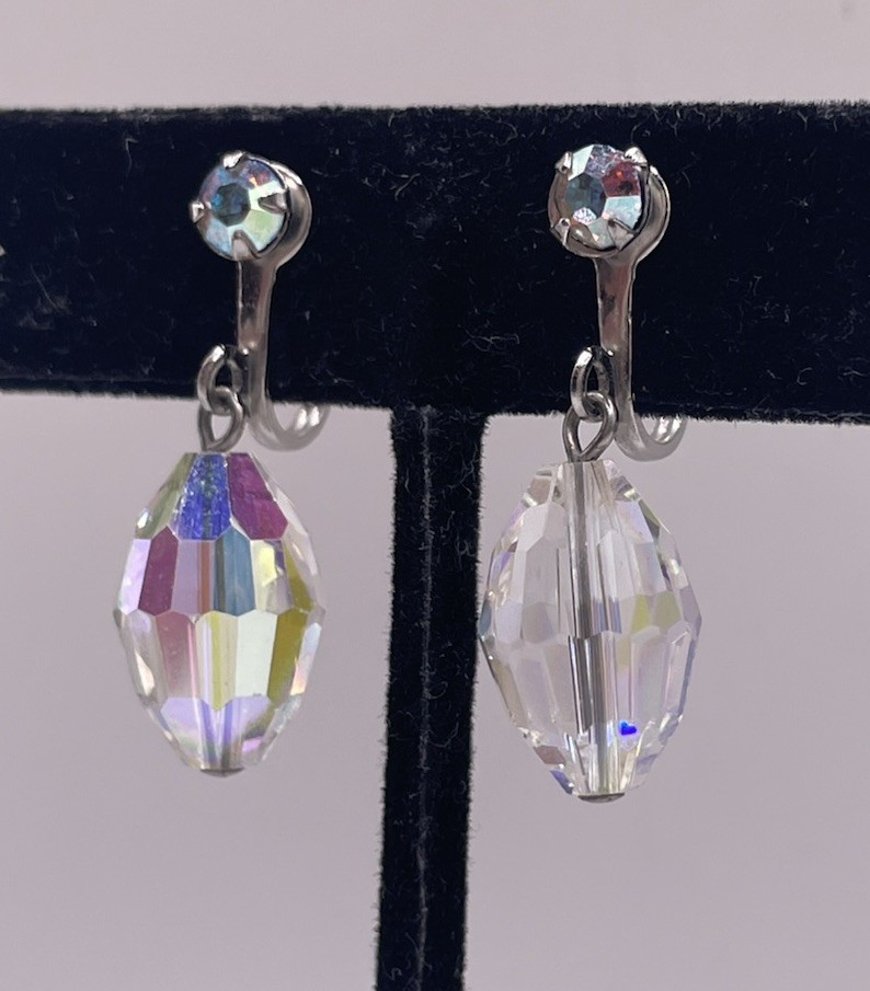 Vintage AB Aurora Borealis Faceted Crystal Drop Dangle Screw Back Earrings