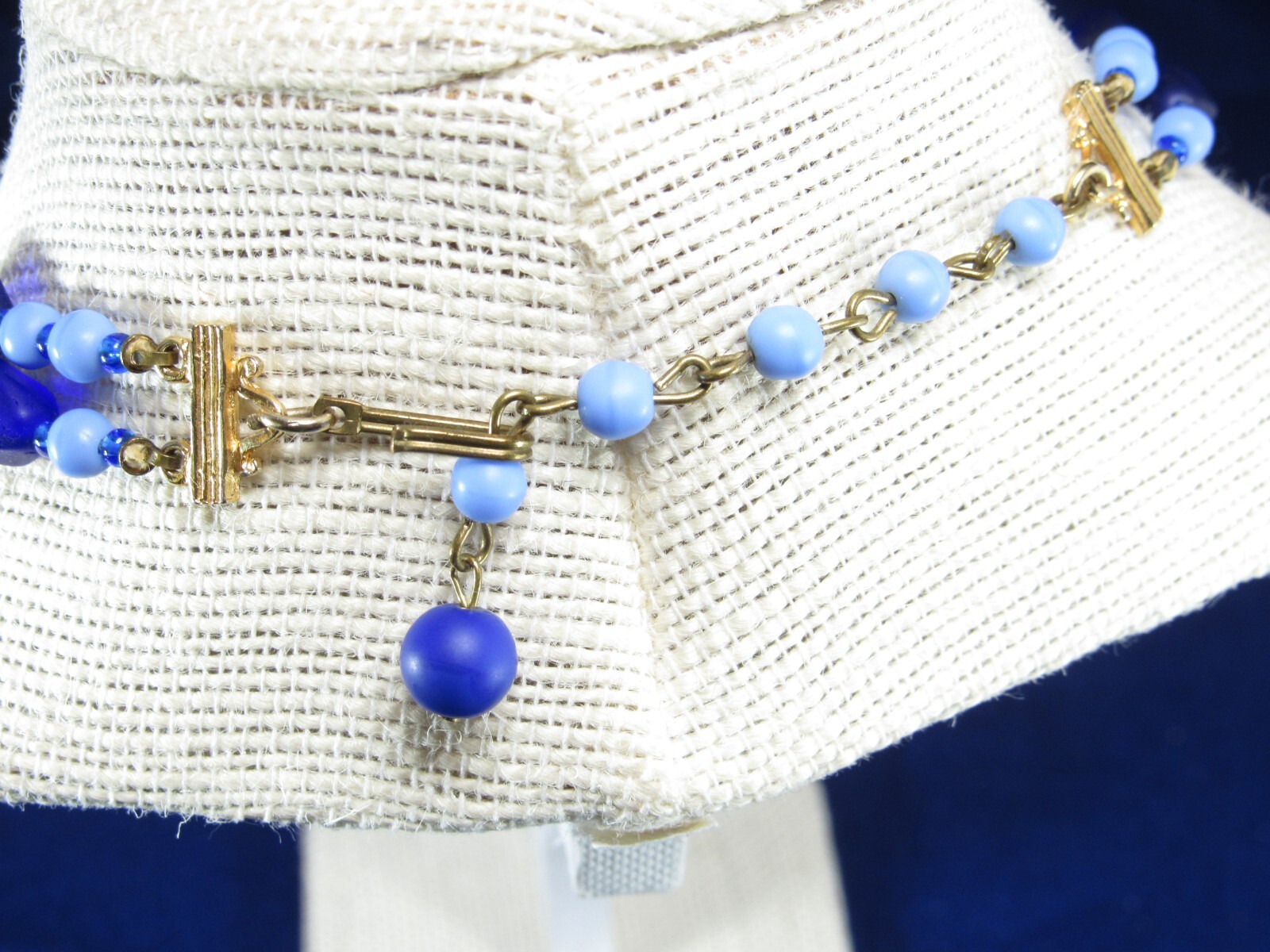 Vintage Blue and Purple 2 Strand Art Glass Bead Necklace with Sea Glass Finish.