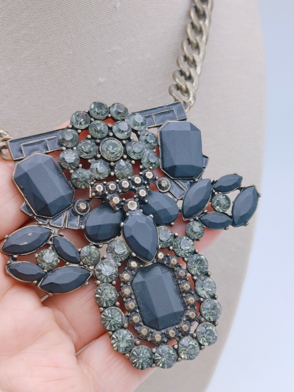 Vintage Statement Black Brown Gray Tone Necklace