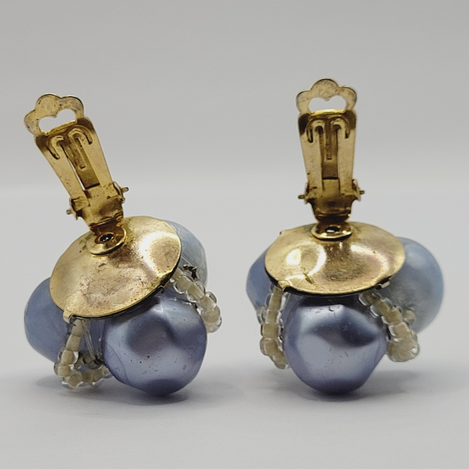 Blue Tones Lucite and Seed Bead Cluster Clip On Earrings 1950s 1960s W Germany