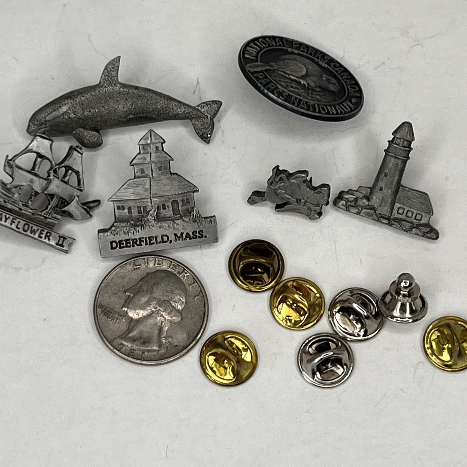 Vintage Mixed Lot 6 Pewter pins Shame Lighthouse Paul Revere Mayflower more SLX