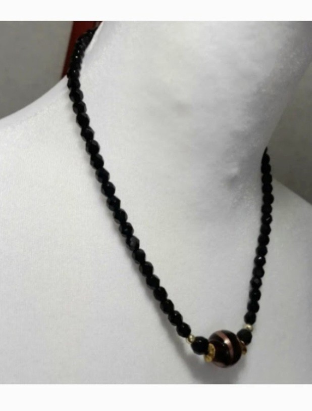 Vogue Black Glass Art Deco Necklace 17″