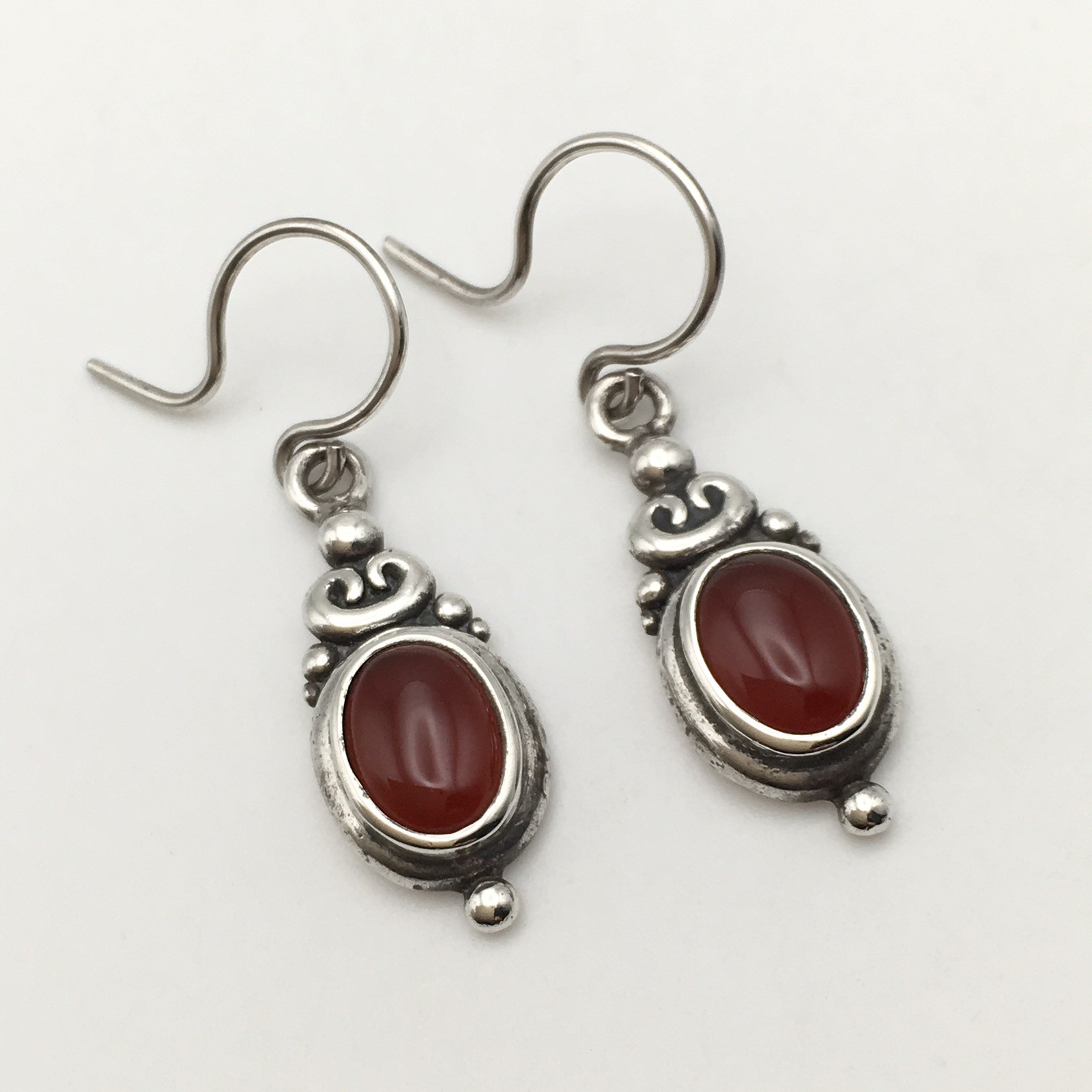 Vintage Sterling Silver Oval Red Orange Stone Hook Dangle Earrings 3.9g #65