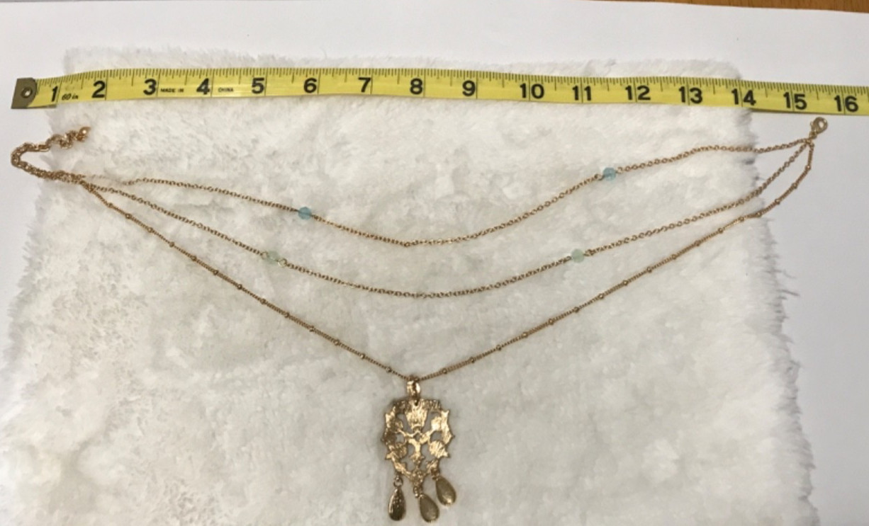 Mid-Century, Vintage Drop Dangle Tear Drop Ice Blue Gold Tone 3 Strand Necklace