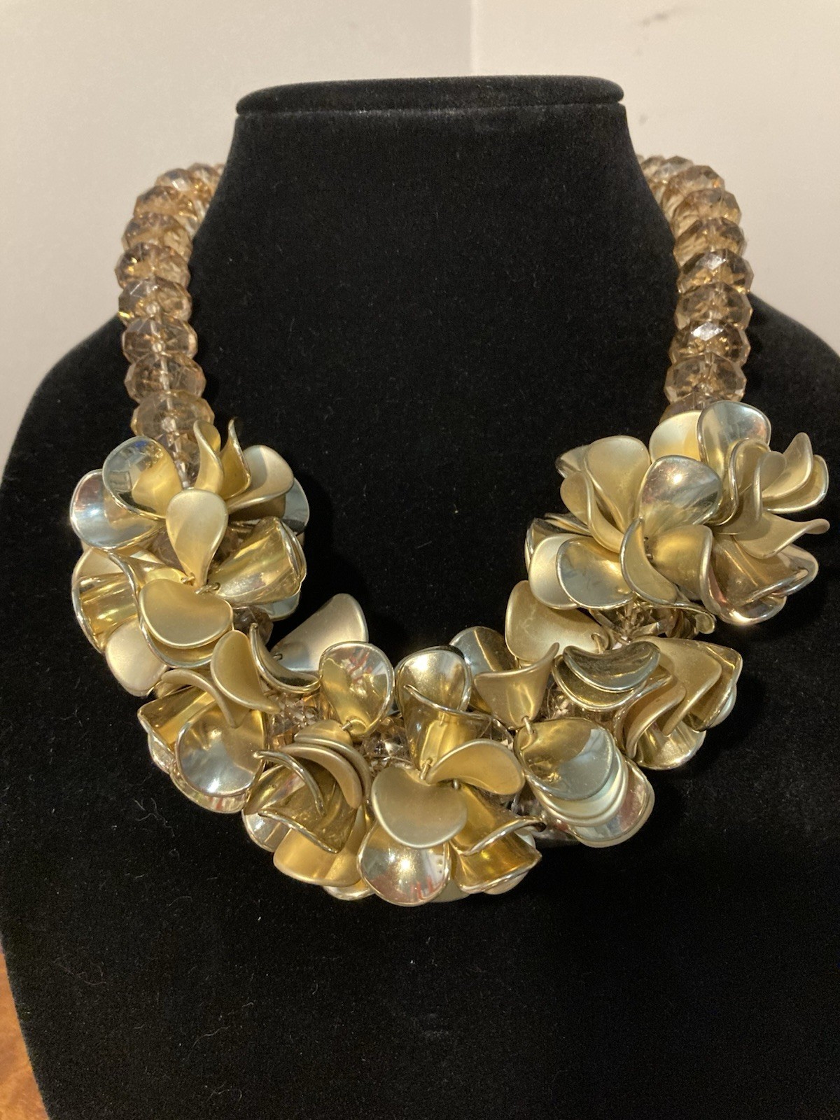 Vintage Citrine Colored Beaded Brushed Gold Tone Metal Petal Clusters Necklace