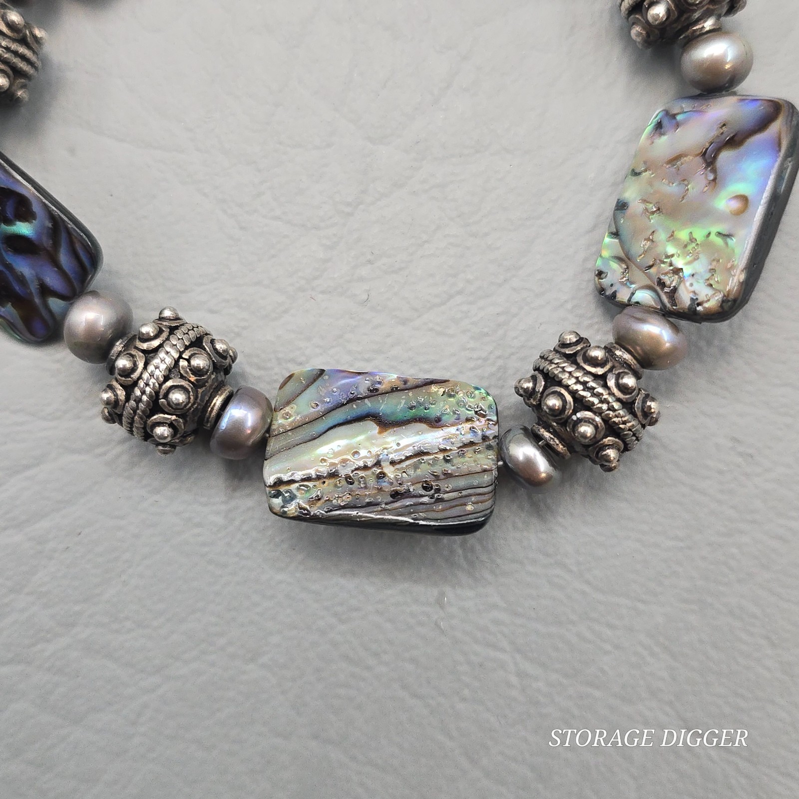 VTG Rectangle Abalones & Silver Tone Beaded Bracelet 8.75″ Long, Toggle Closure