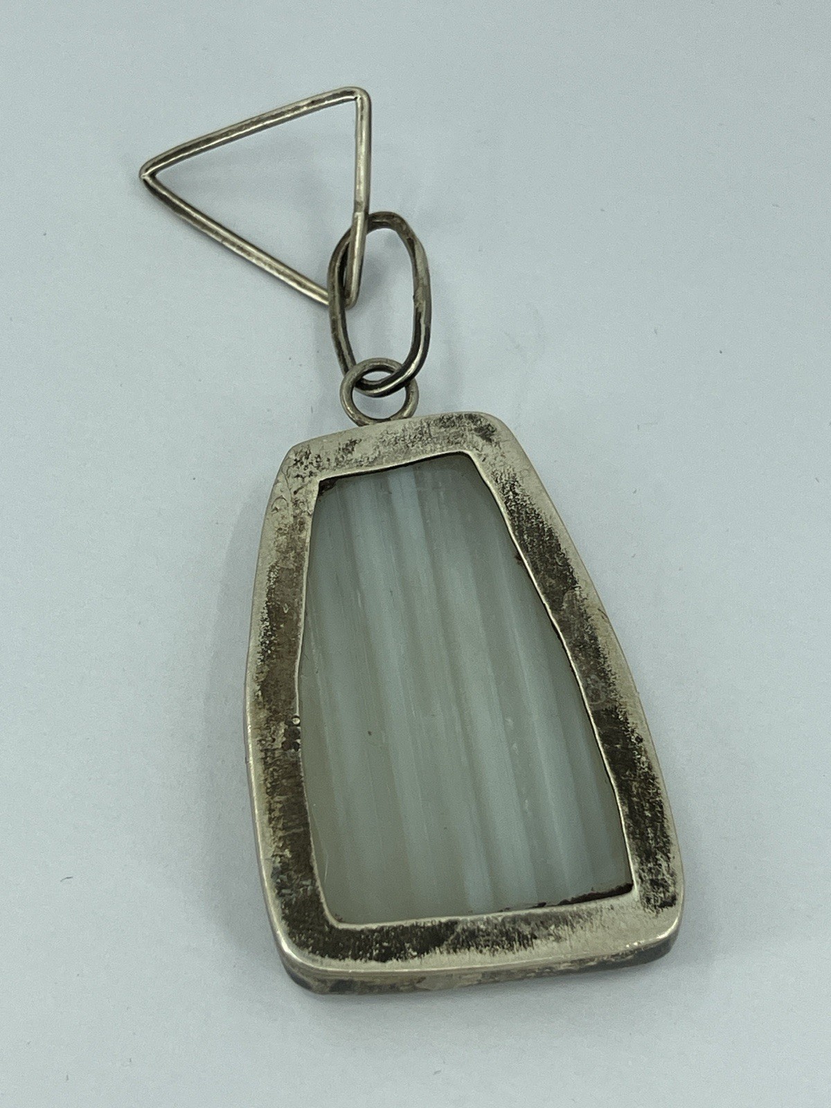 Vintage Sterling Agate Pendant Modernist Geometric Bail Banded Stone Silver 28g