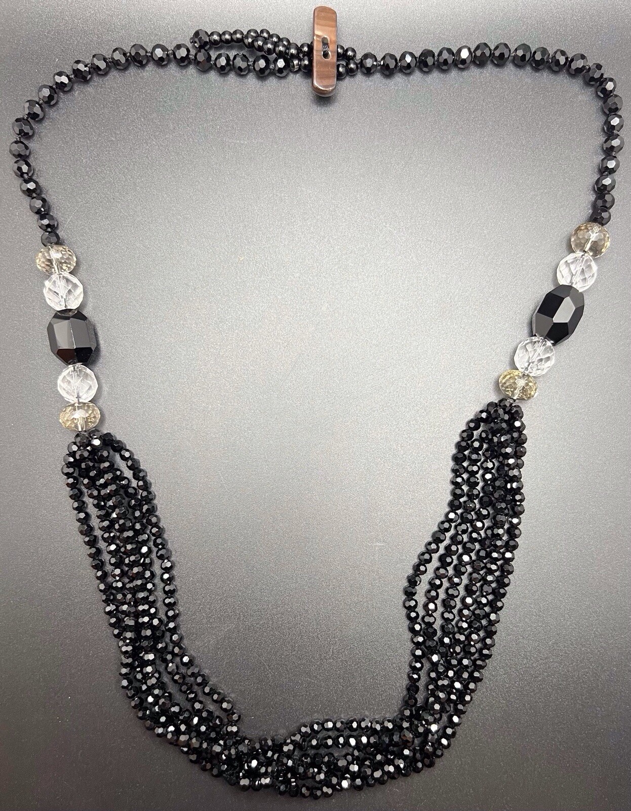 Vintage Black / Clear Crystal Bead Strand Necklace Art Deco Style 29in.